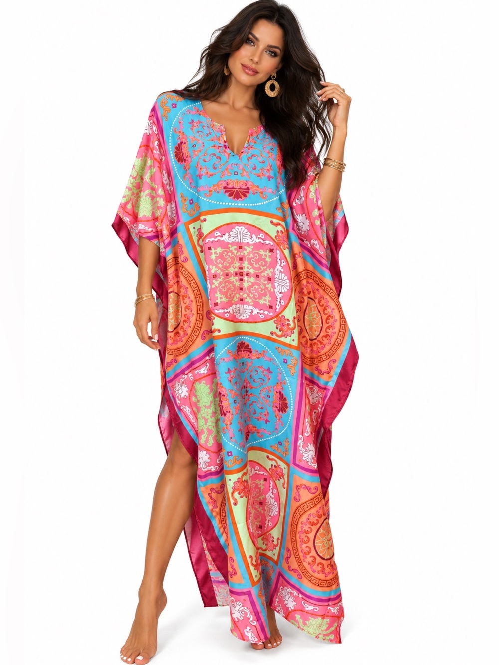 Satin Multicolor Printed Beach Caftan - Turquoise & Pink One size